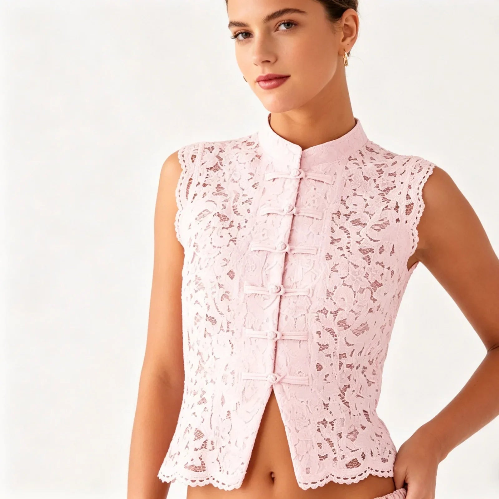Y2K Aesthetic Solid Color Lace Crop Top Sleeveless Chinese Frog Button Vest Women's Summer Party Streetwear
