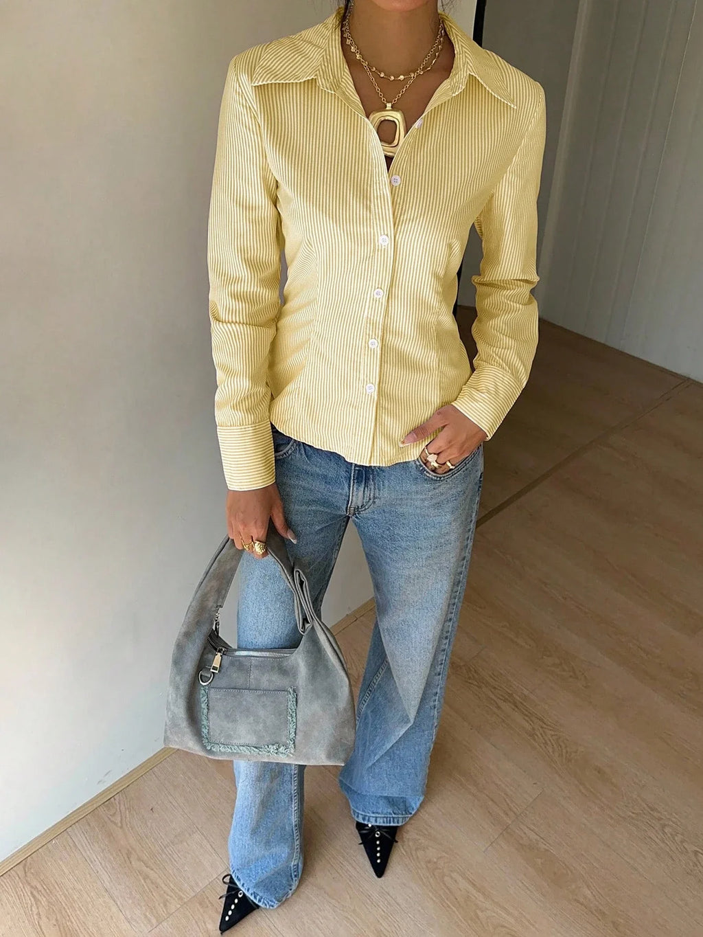 Women's Elegant Back Tie Design Long Sleeve Shirt Office Lady Slim Fit Stripe Turn-down Collar Blouse Spring Fall
