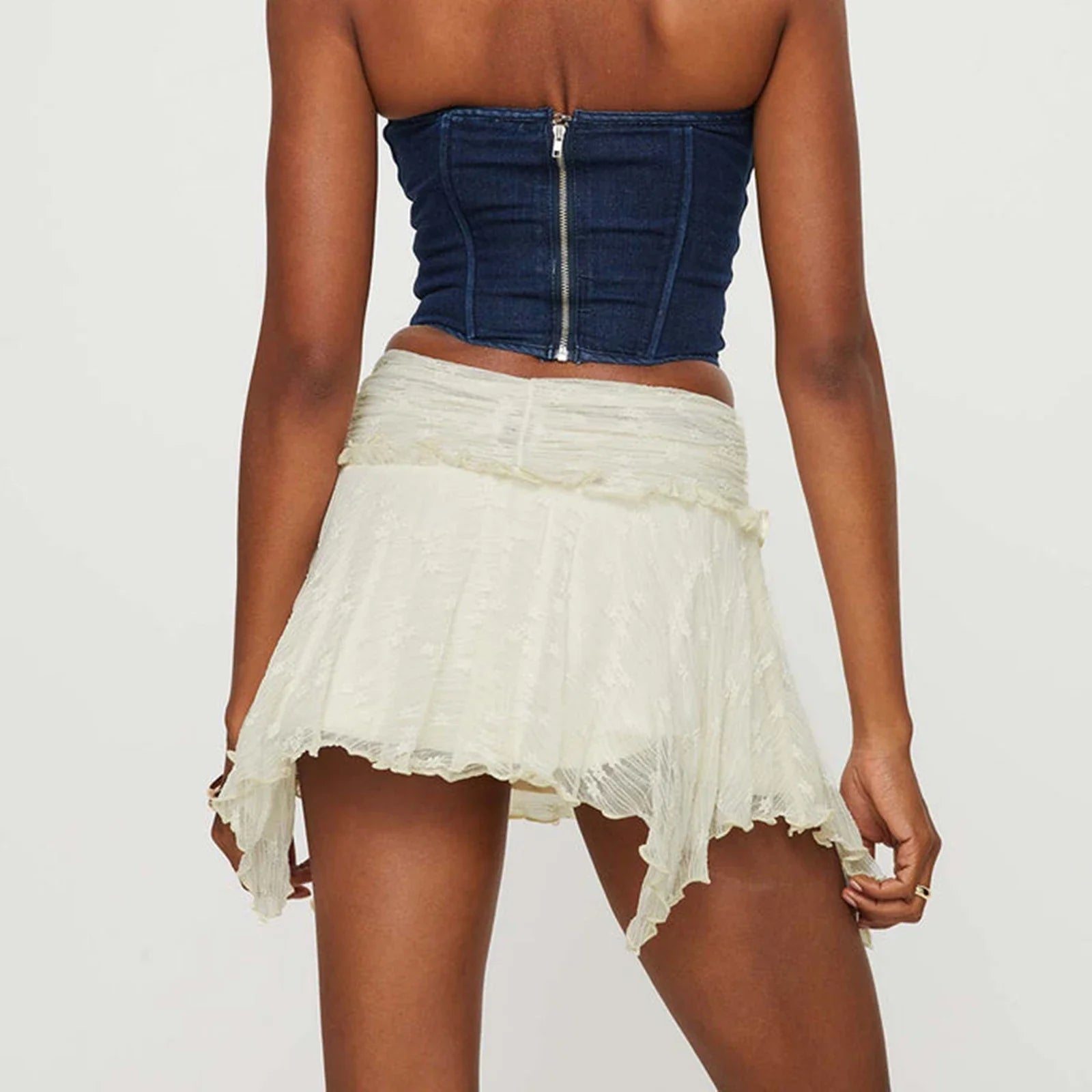 Women's Solid Color Gothic Mini Skirts Lace Ruched High Waist Skirts Spring Summer Irregular Hem Casual Skirts