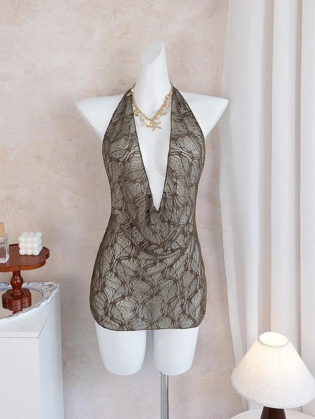 Women's Casual  Beach Cover Ups Brown Deep V Neck Pleate Lace Short Dress Spring & Fall Vacation Sun Protection Smock