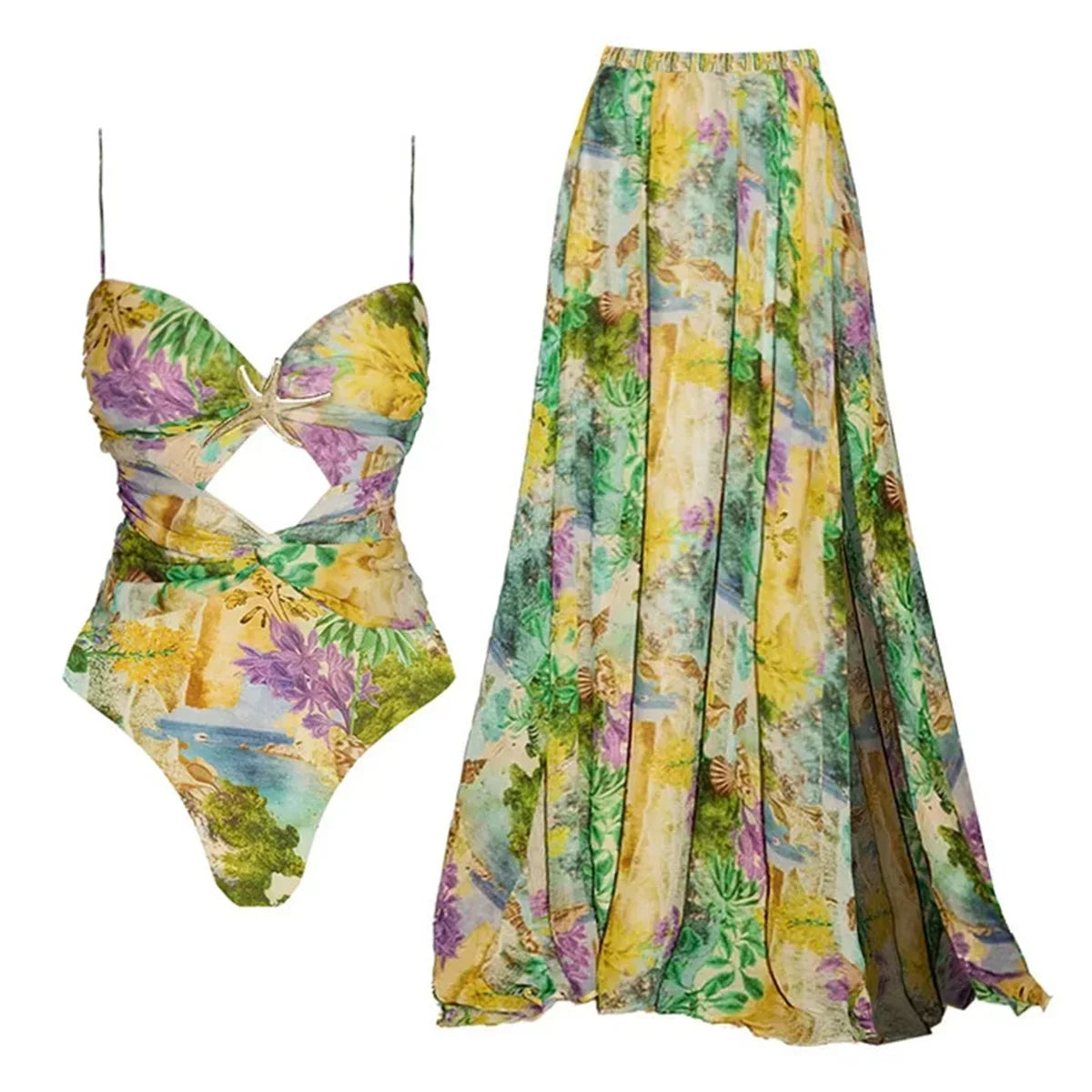 Cut Out Swimsuit And Cover Up Sexy Swimwear Women Floral Stars Swim Suit Push Up Bikini Bathingsuit Sliming Bodysuit Beachwear