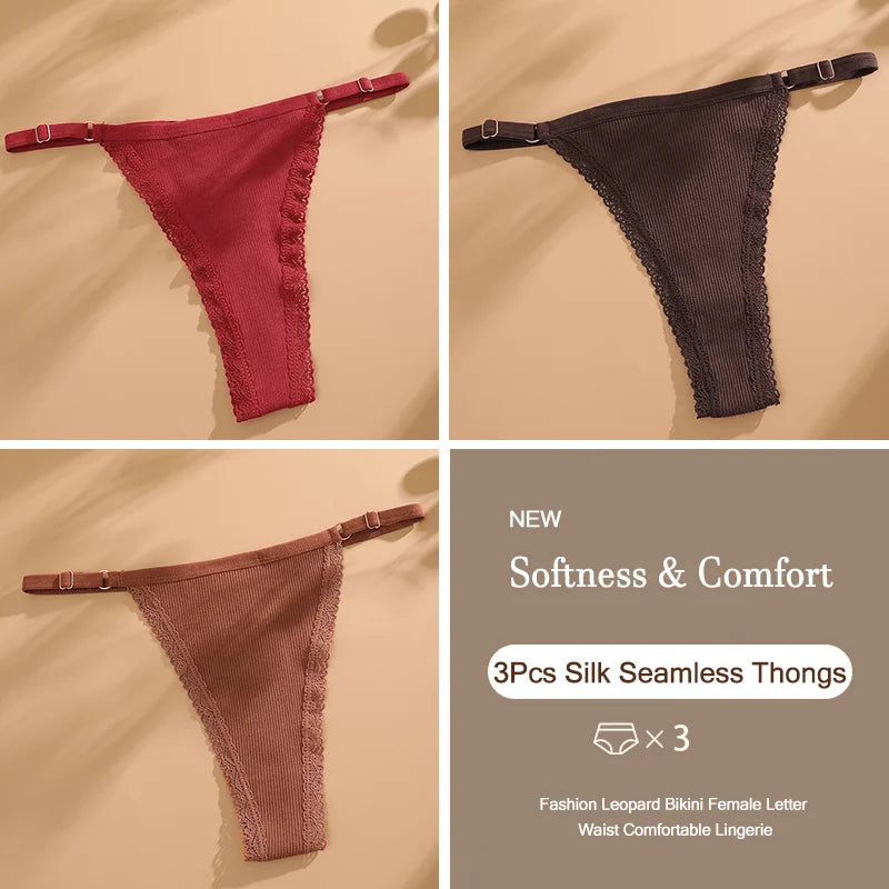 3Pcs G-String Cotton Sexy Women Thongs Adjustable Belt Seamless Panties Breathable Low Waist Lingerie Female Soft Solid Color