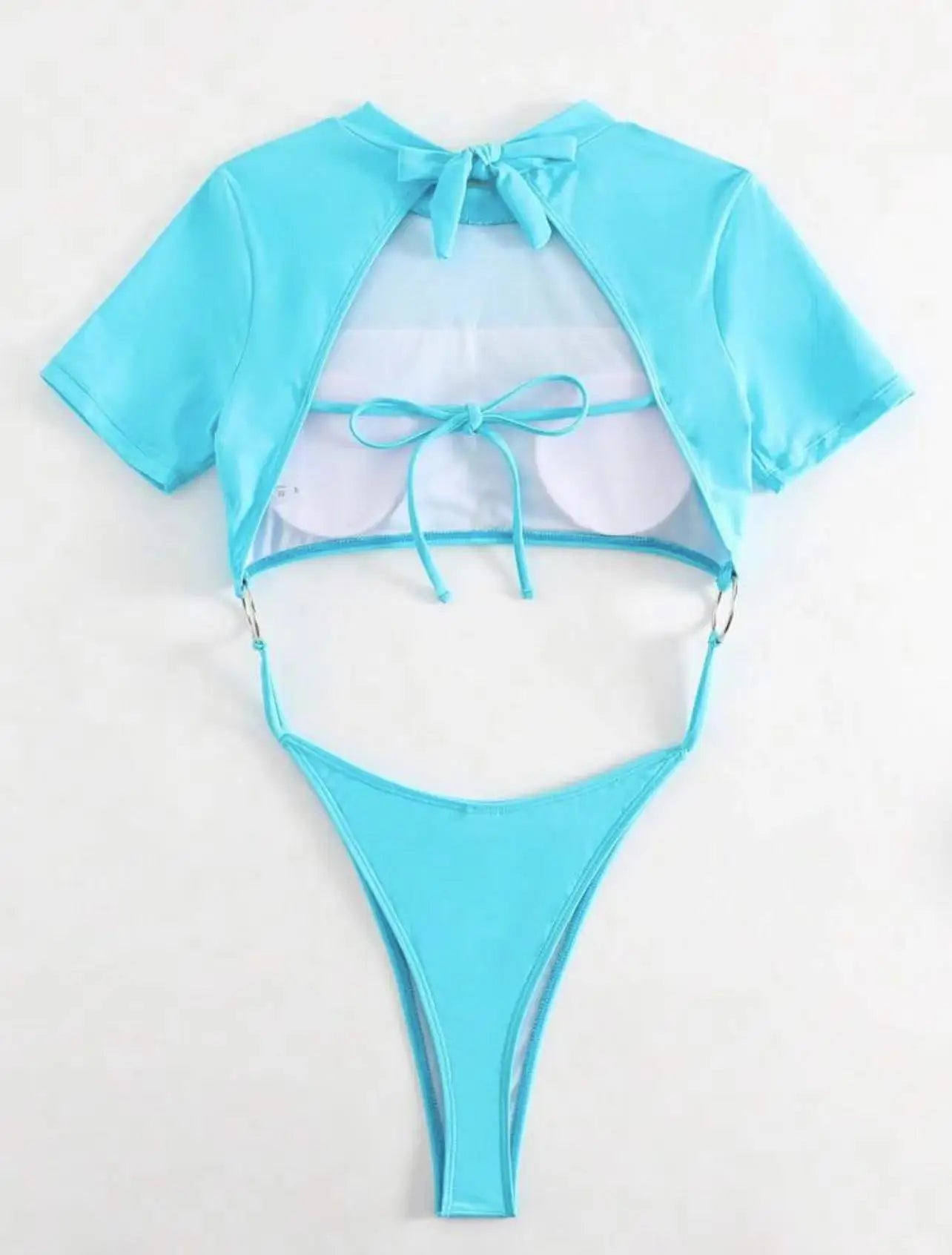 Bikini Women Swimsuit 2024 Blue Short Sleeve Hollow Out Thong Monokini Brazilian Beach Bathing Suit Push Up One Piece Swimwear