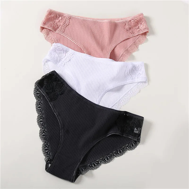 3Pcs/set Women's Cotton Panties M-2XL Trendy Patchwork Lace Underwear Female Low Waist Briefs Ladies Comfortable Underpants 2023