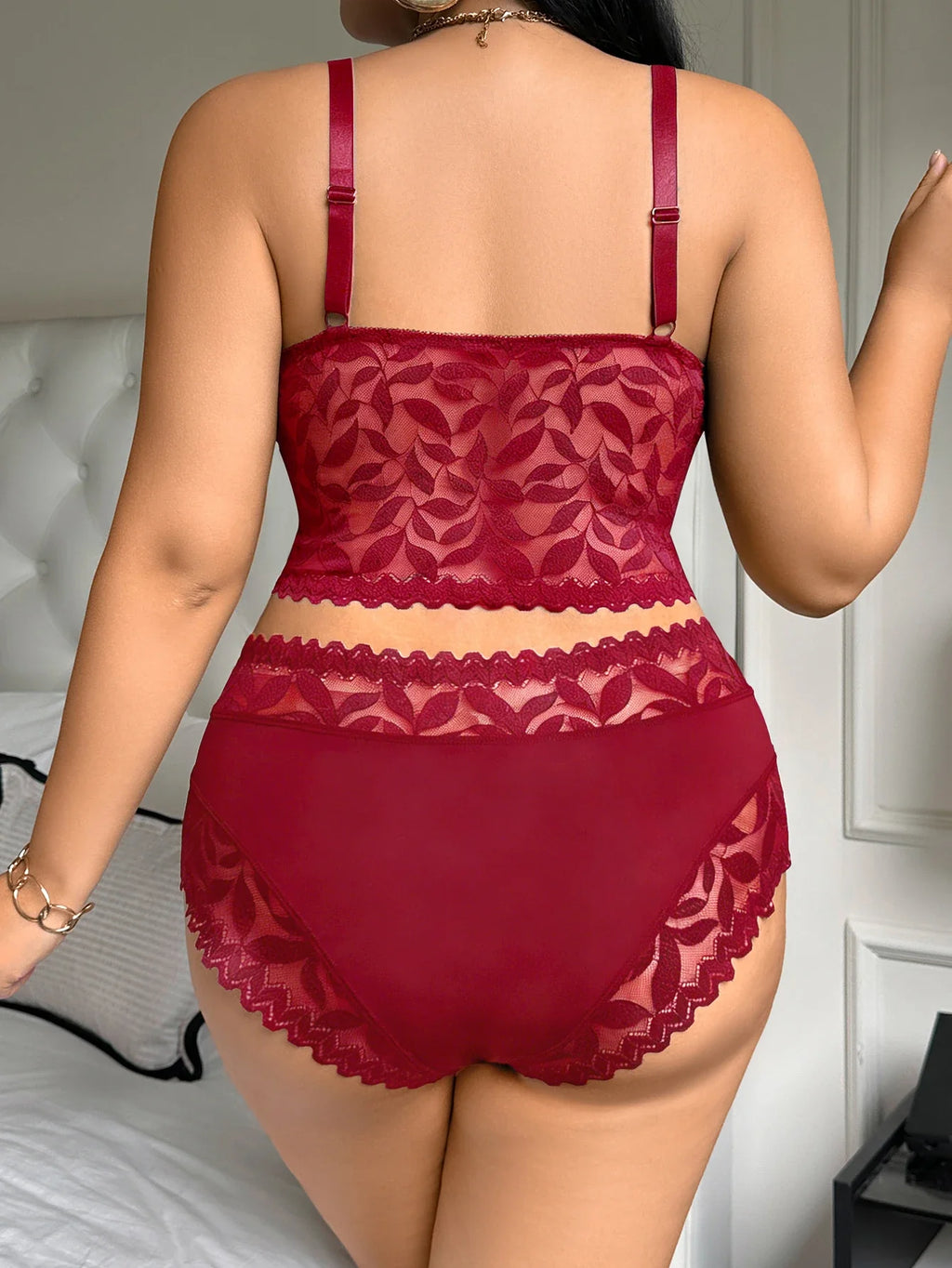 Plus Size Lace Women's Sexy Lingerie Set Soft Wireless Unlined Bra Mesh Spliced Breathable Panties Floral Lace Bra Set