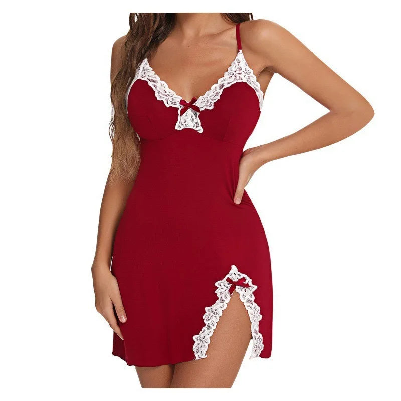 Underwear Sexy Pajamas Women Summer Lace Suspender Nightgown Slit V Bow Slim Push Up Pajamas Sleepwear Nightwear