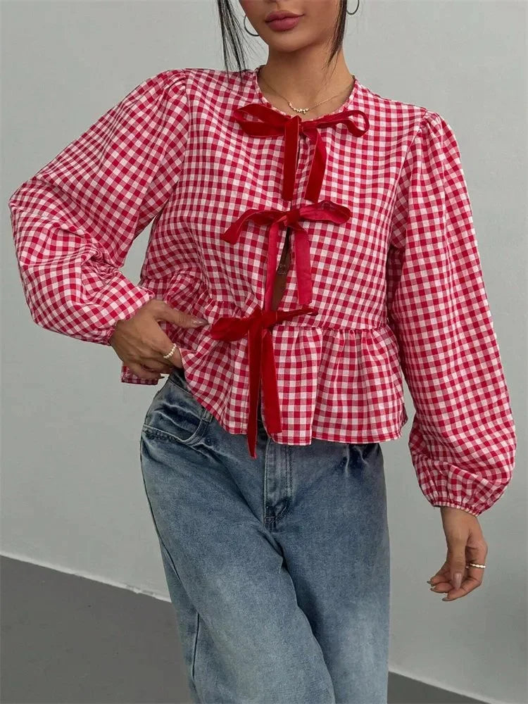 Plaid Lantern Long Sleeve Blouse for Women Spring Autumn Y2K Clothes Sweet Style Loose Knot Front Round Neck Top Streetweawr