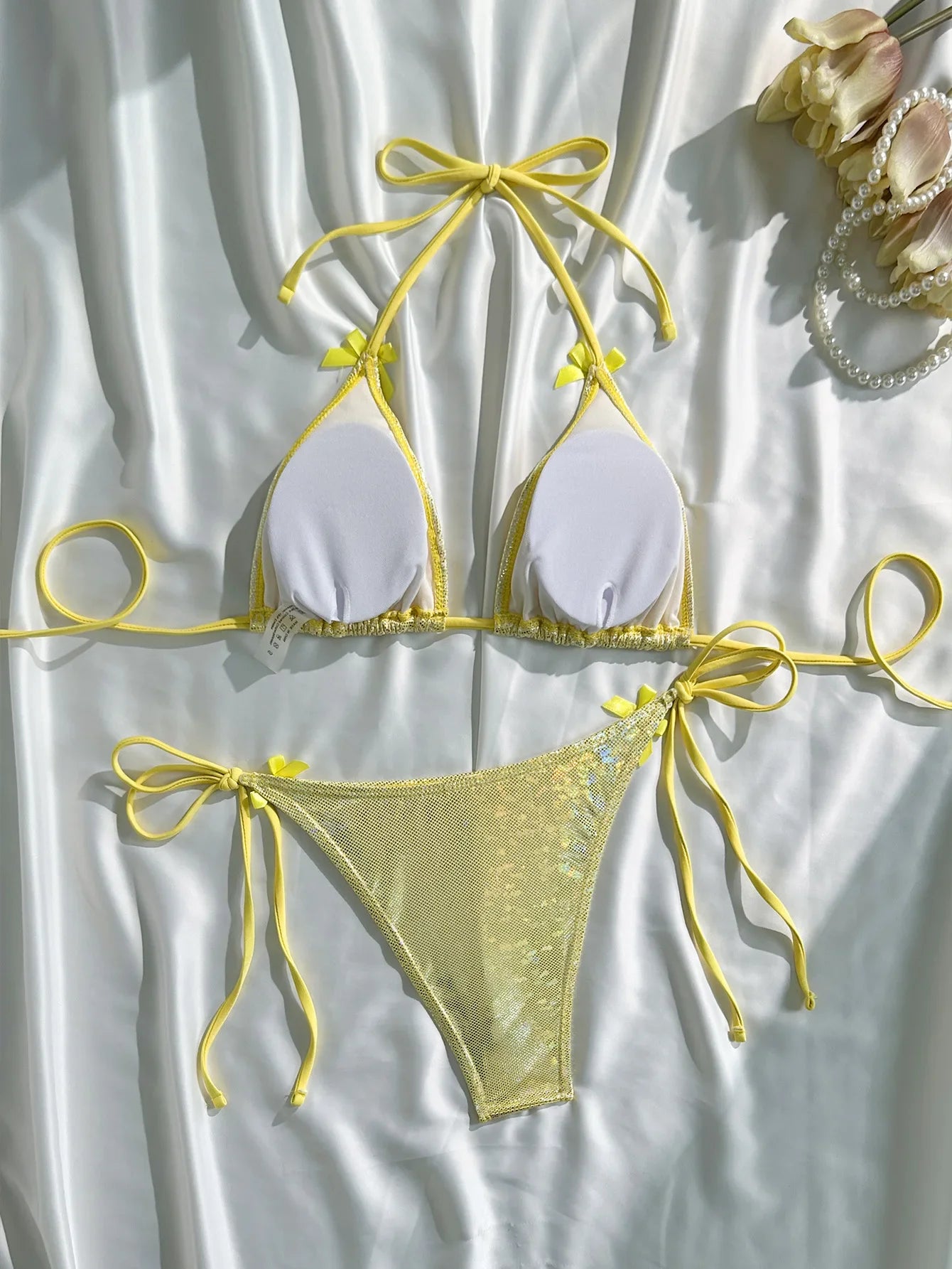 Shiny Pink Bikini 2025 Women Sexy Brozing Tie Bow Strap Push Up Micro Swimsuit Brazilian Bathing Suit Tie Side Triangle Swimwear
