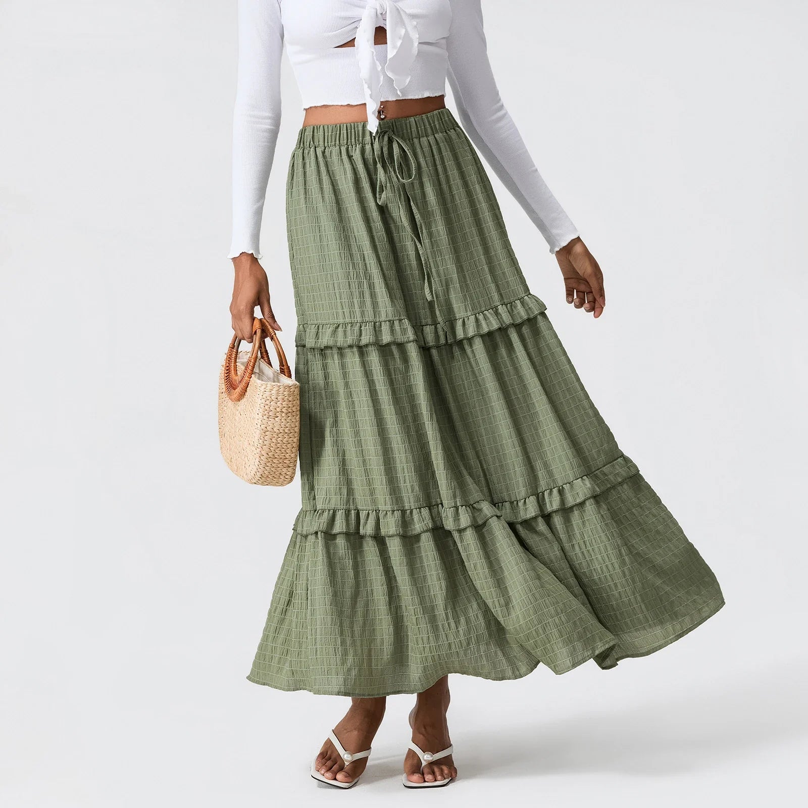 Elegant Women Long Tiered Skirt Summer Autumn Casual Ruffled Shirred Frill Trim Elastic Waist Drawstring A-Line Skirt Streetwear