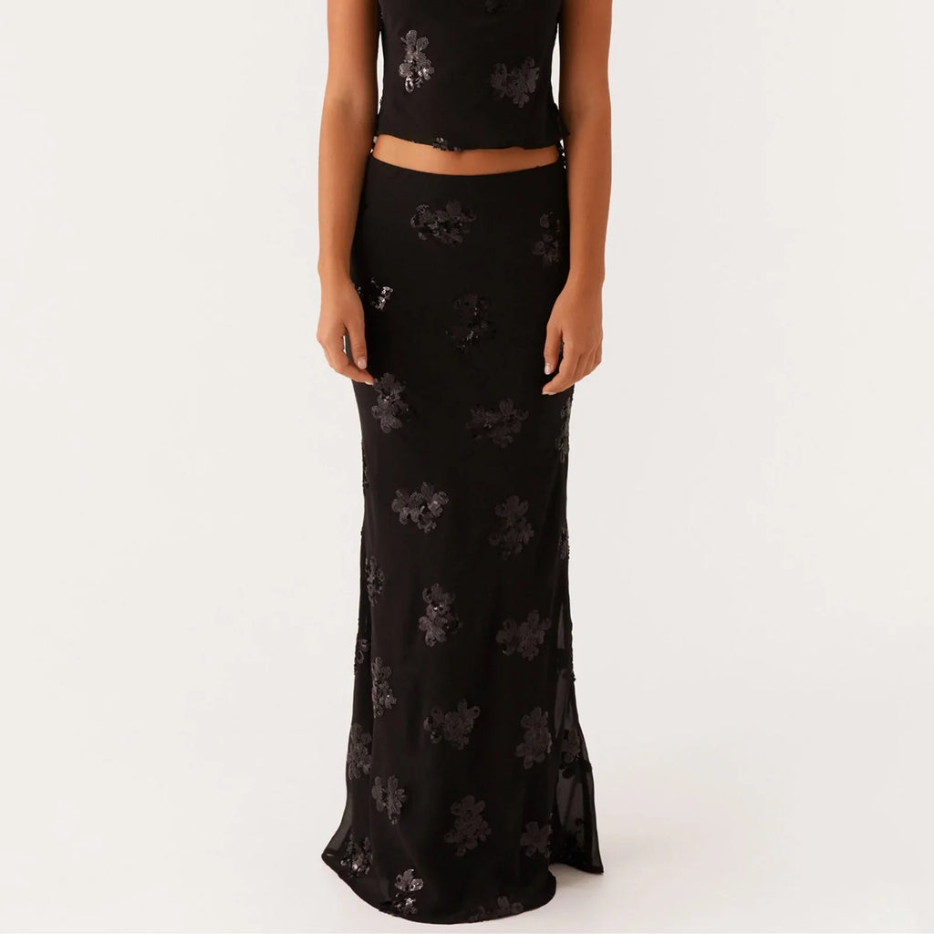 Elegant Sequin Long Skirts for Women Vintage Y2K Stylish Sequined Flowers Slim Fit Low Rise Maxi Skirt for Party Clubwear