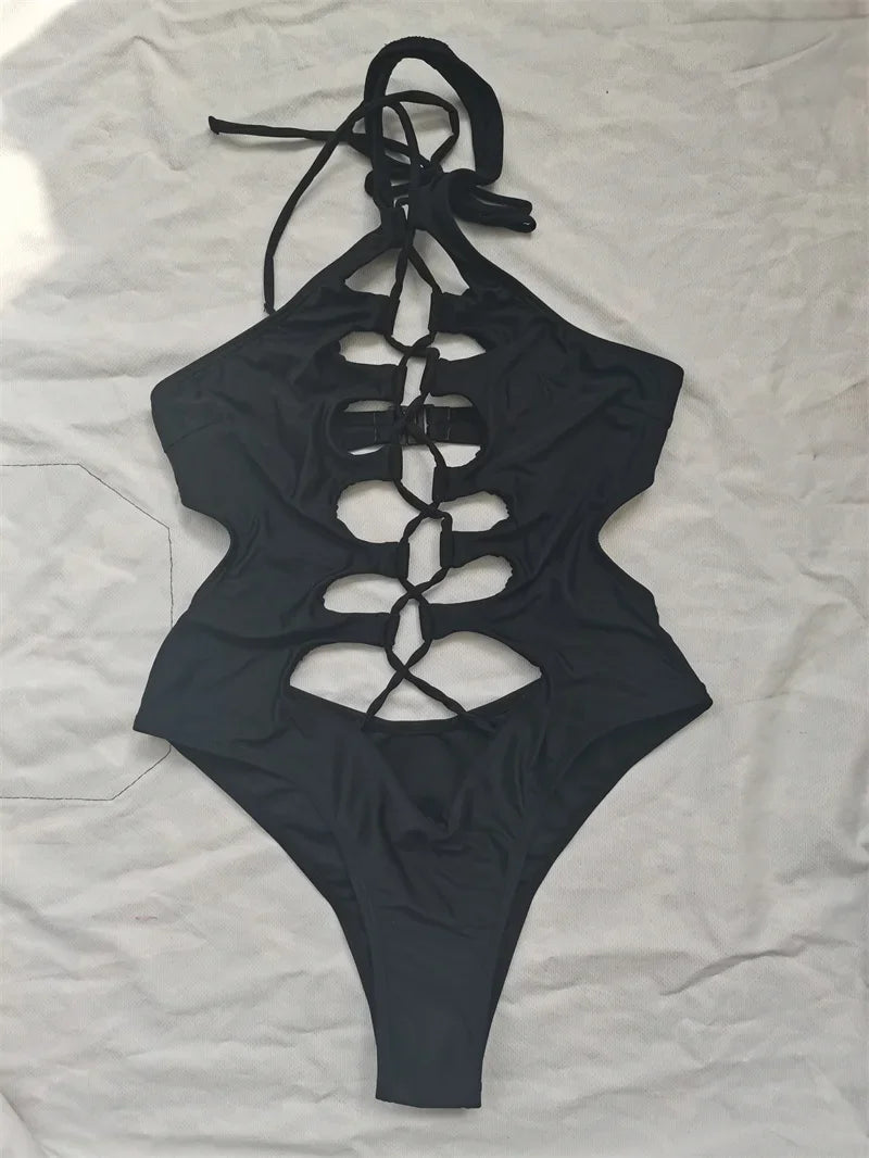 Sexy Black Hollow Out Swimwear Women 2026 High Neck Backless Monokini Lace Up Bandage Bathing Suit Holiday One Piece Swimsuit