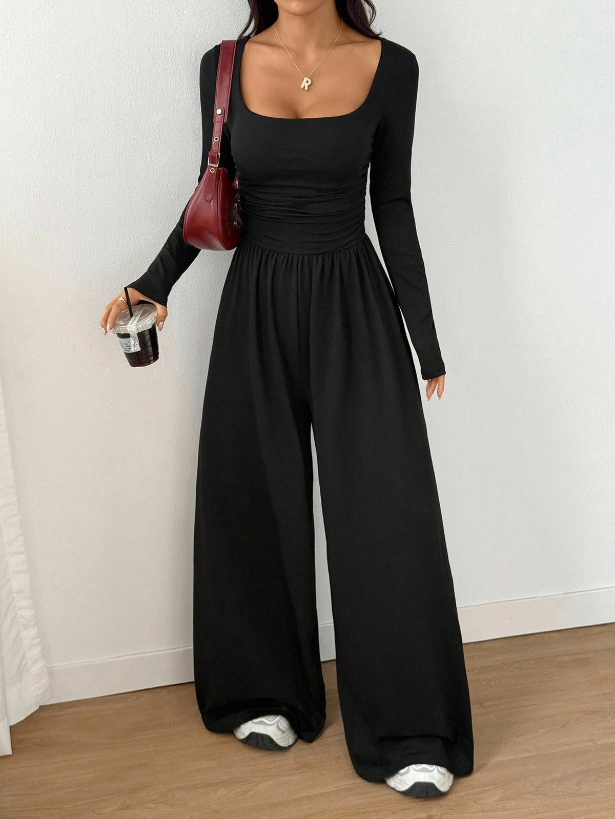 Women's Casual Solid Color Square Neck Long Sleeve A-Line Jumpsuit Pleating Wide Leg Loose Mopping Jumpsuit Spring/Fall 2026