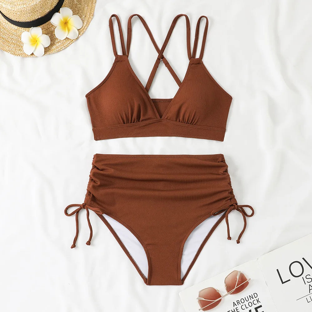 Women's Two Piece Swimsuit Black Double Strap Push Up Pleate Drawstring Side High Waist Bikini 2025 Beach Bathing Suit Swimwear