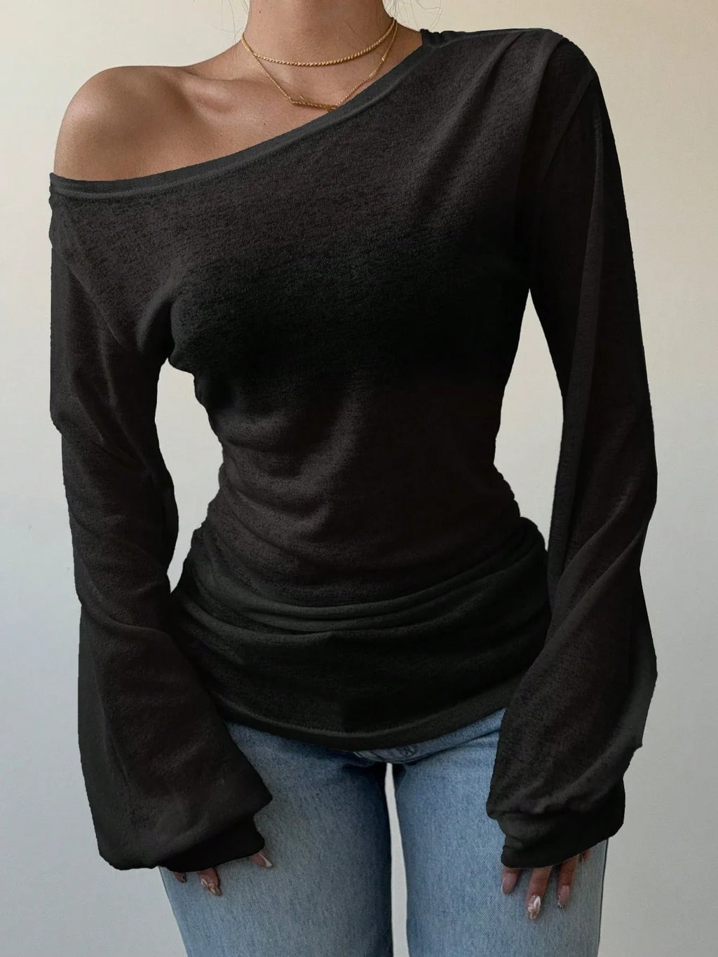 Women's Casual Solid Color Slope Collar Long Sleeved T-Shirt Loose Slouchy Style See-Through Off The Shoulder Top