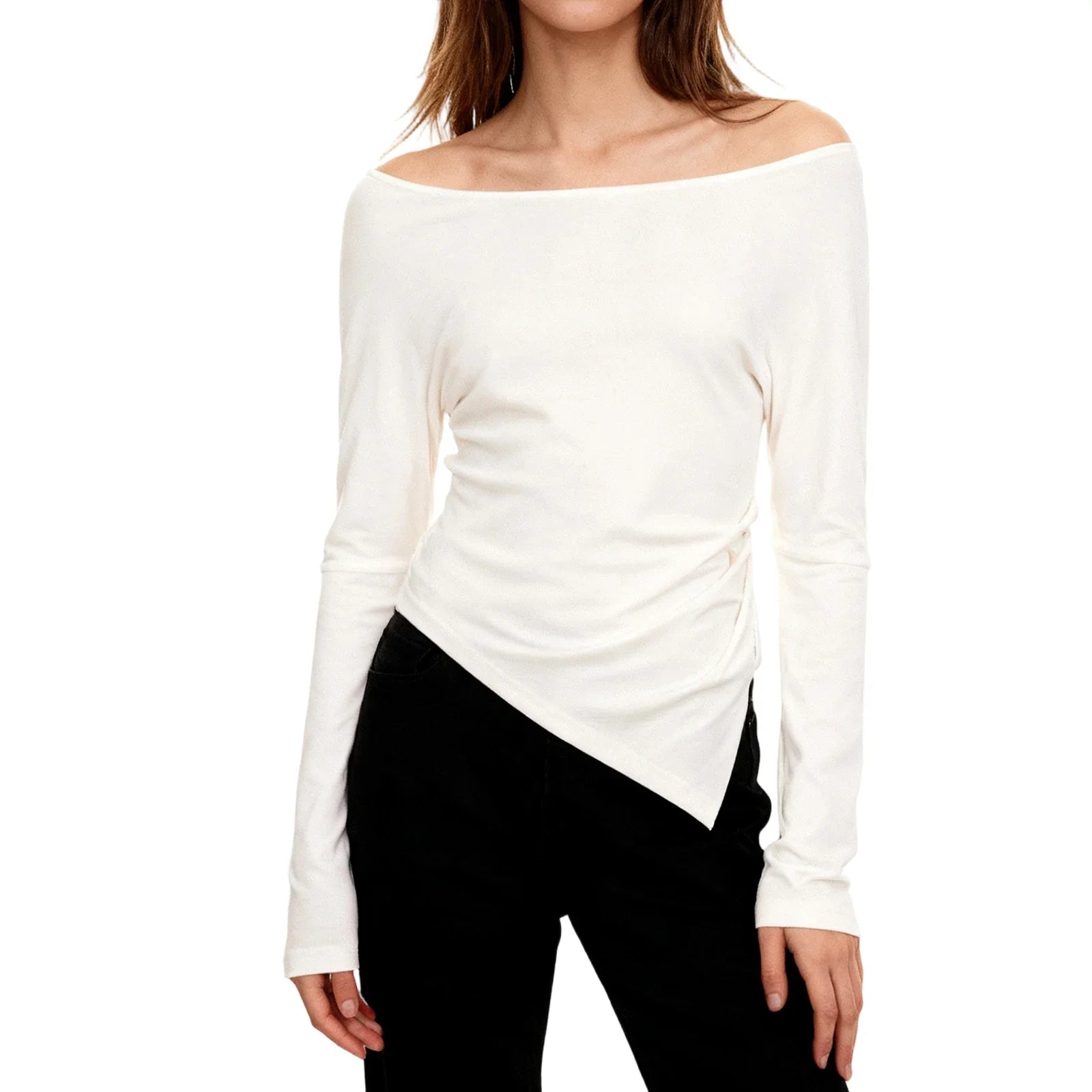 Women Irregular Crop Top Yoga  Exercise Sports Gym Fashion Crop Top Casual T-Shirt Long Sleeve Boat Neck Solid Slim Sports Top