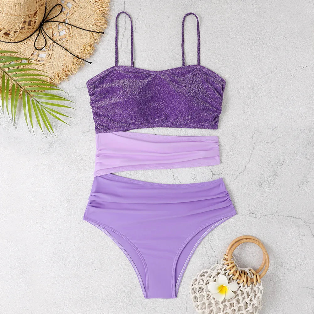 New Shiny Purple Contrast Swimsuit 2025 Women Halter Hollow Out Patchwork One Piece Swimwear Beach Bathing Suit Pleate Monokini