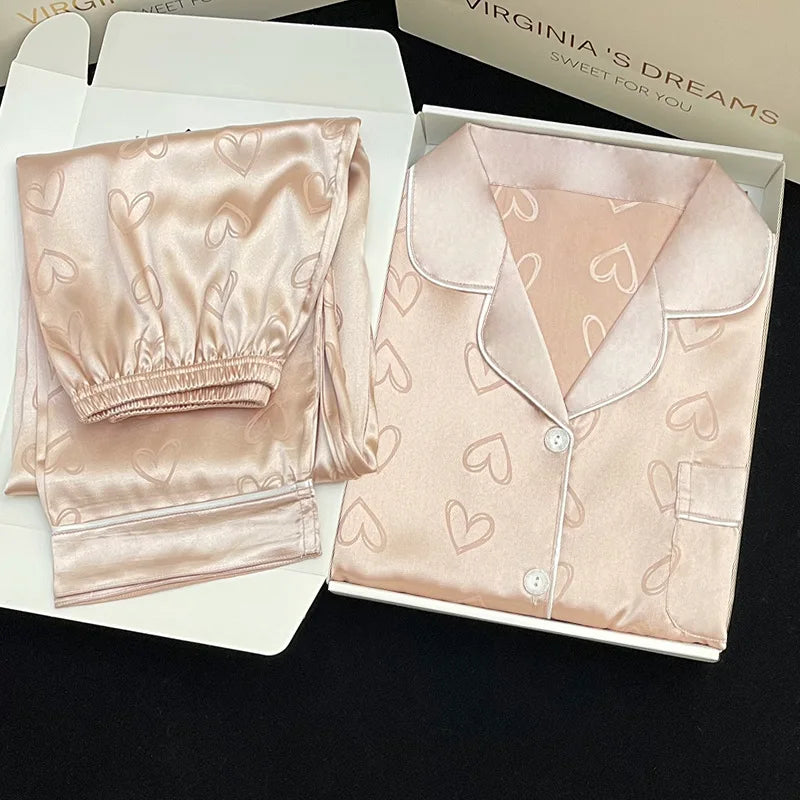 High Quality Ice Silk Light Luxury Pajamas Women's Pajama Spring and Autumn Style Long Sleeve Home Set Satin Nightwear Sleepwear