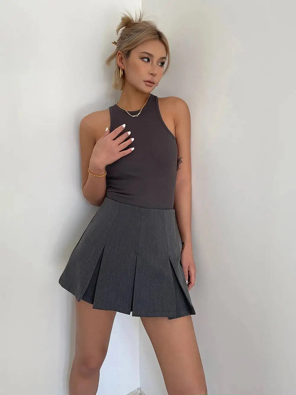 WOMENGAGA American High Street A-line Short Unif School Girl Fairy Grunge Skirt High Waist Pleated Skorts Streetwear Lovely HM2O