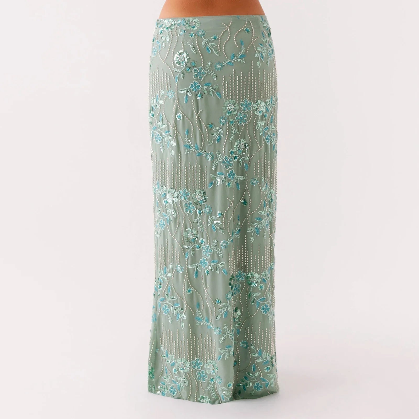 Elegant Beading Sequined Long Skirt for Women Summer Casual Floral Embroidery Maxi Straight Skirts for Beach Club Streetwear