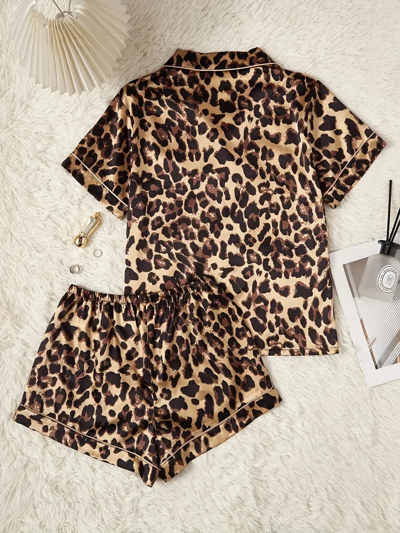 Summer Leopard Print Two Piece Pajama Set Short Sleeve Top and Shorts Sets Women's Sleepwear Home Casual Satin Loungewear