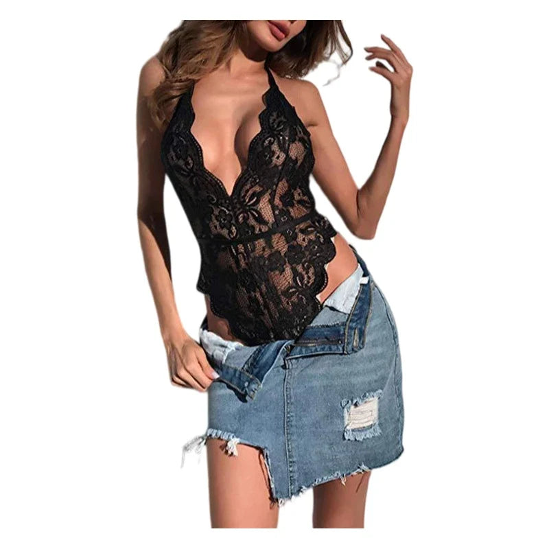 Summer Sexy Tight Fitting Women's Clothing, Deep V-neck Shaping, Hanging Neck See Through Bodysuit, Lace Backless Jumpsuit Top