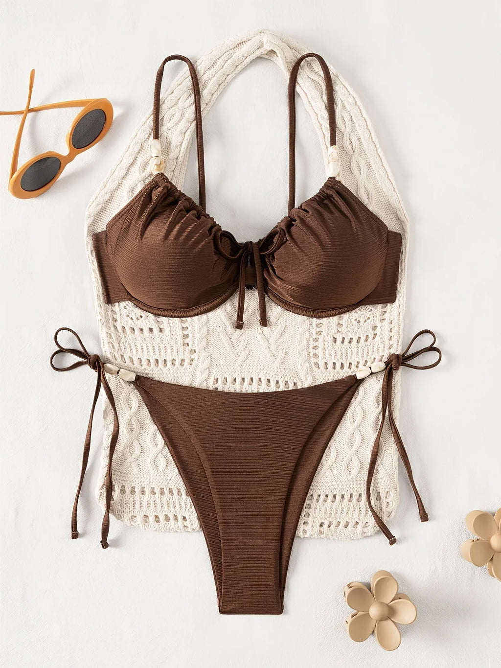 Sexy Tie Side Thong Bikini 2026 Women Brown Metal Chain Strap Front Tie Push Up Underwire Swimsuit Beach Bathing Suit Swimwear