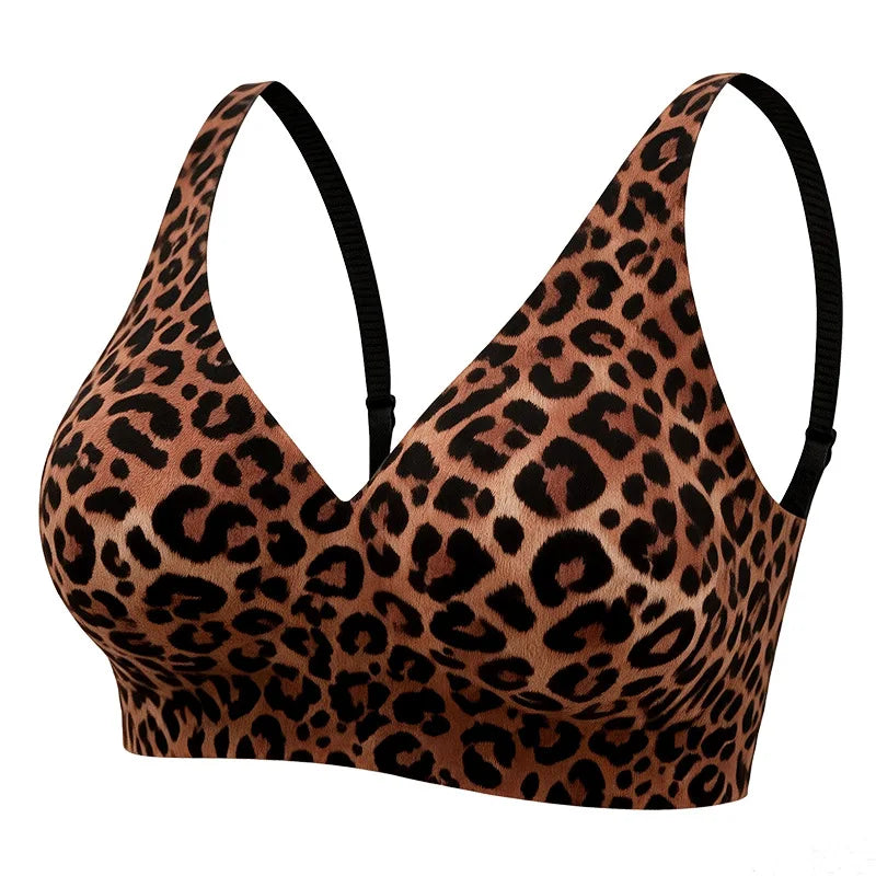 Women's Deep V Jelly Seamless Bra Wire-Free 3D Soft Support Thin Molding Leopard Print Solid Color Comfortable Bra Underwear