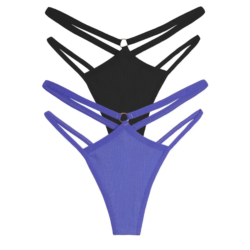 2PCS Women Sexy Cotton Panties Two Belts Hollow Out G-String Thongs Breathable Underwear for Female Solid Color Lingerie S-XL