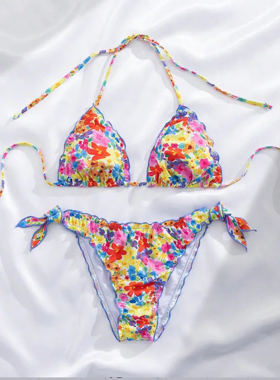 Cute Orange Floral Print Bikini Set Women Halter Ruffles Push Up Tie Side Thong Swimsuit 2026 Summer Bathing Suit Micro Swimwear