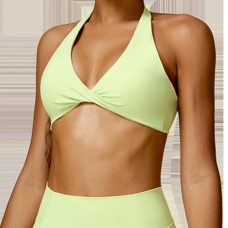 Women's Nylon Sports Bra Halter Sports Underwear Front Twist Naked Feel Sexy Yoga Gym Push Up Workout Padded Bralette Bathsuit