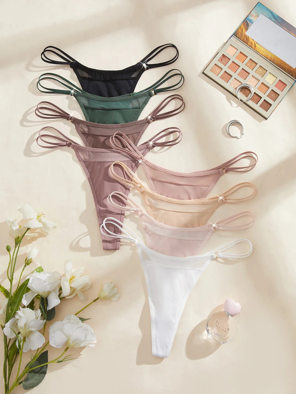 8PCS Women's Panties Solid Mesh Low Rise Underwear Thin Female Thong Sexy Lingerie