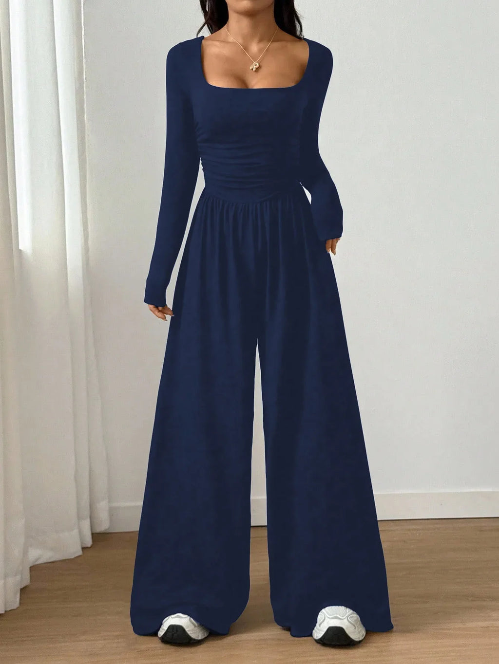 Women's Casual Solid Color Square Neck Long Sleeve A-Line Jumpsuit Pleating Wide Leg Loose Mopping Jumpsuit Spring/Fall 2026