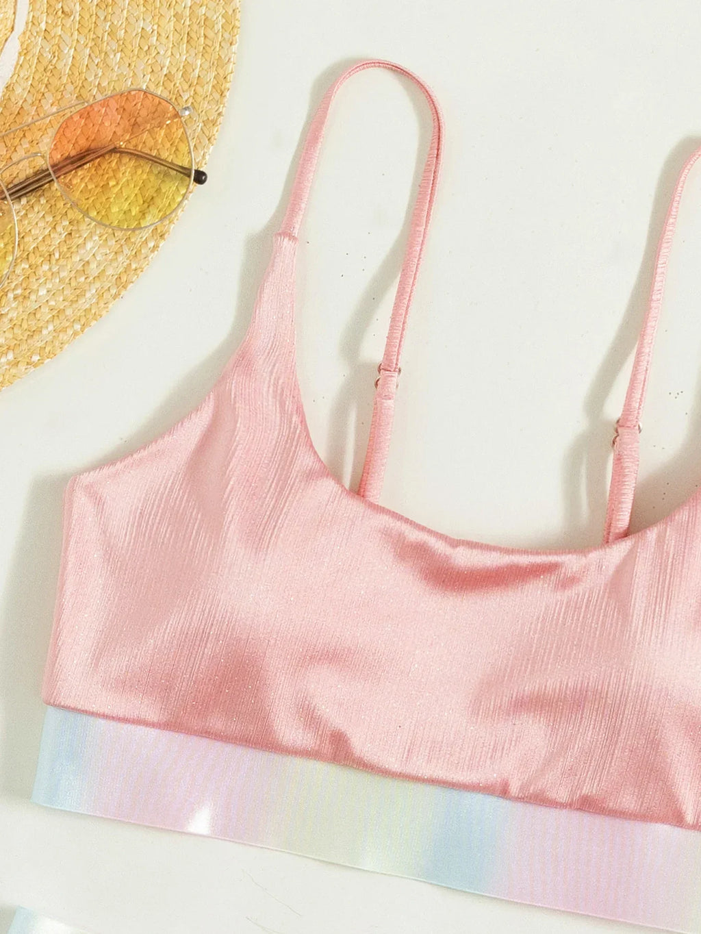 Shiny Pink Contrast Bikini Set Women Halter Push Up Patchwork High Waist Swimsuit 2025 Designer Bathing Suit Two Piece Swimwear
