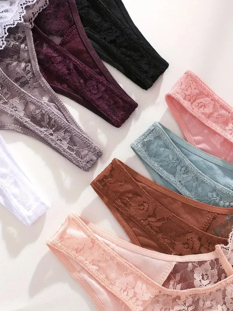 5Pcs Lace Sexy Thongs Women Low-Rise Briefs Sexy Soft Ladies Underwear Trendy Floral Underpants Female Flowery Panty Lingerie