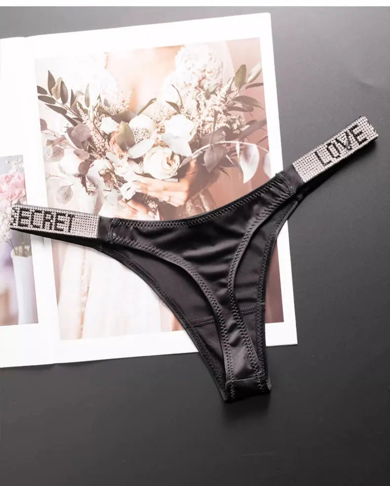 Letter Sexy Panties Women Thongs Rhinestones Diamonds G-string Sports Thong Low Waist Shorts Briefs T-back Fitness S-XL