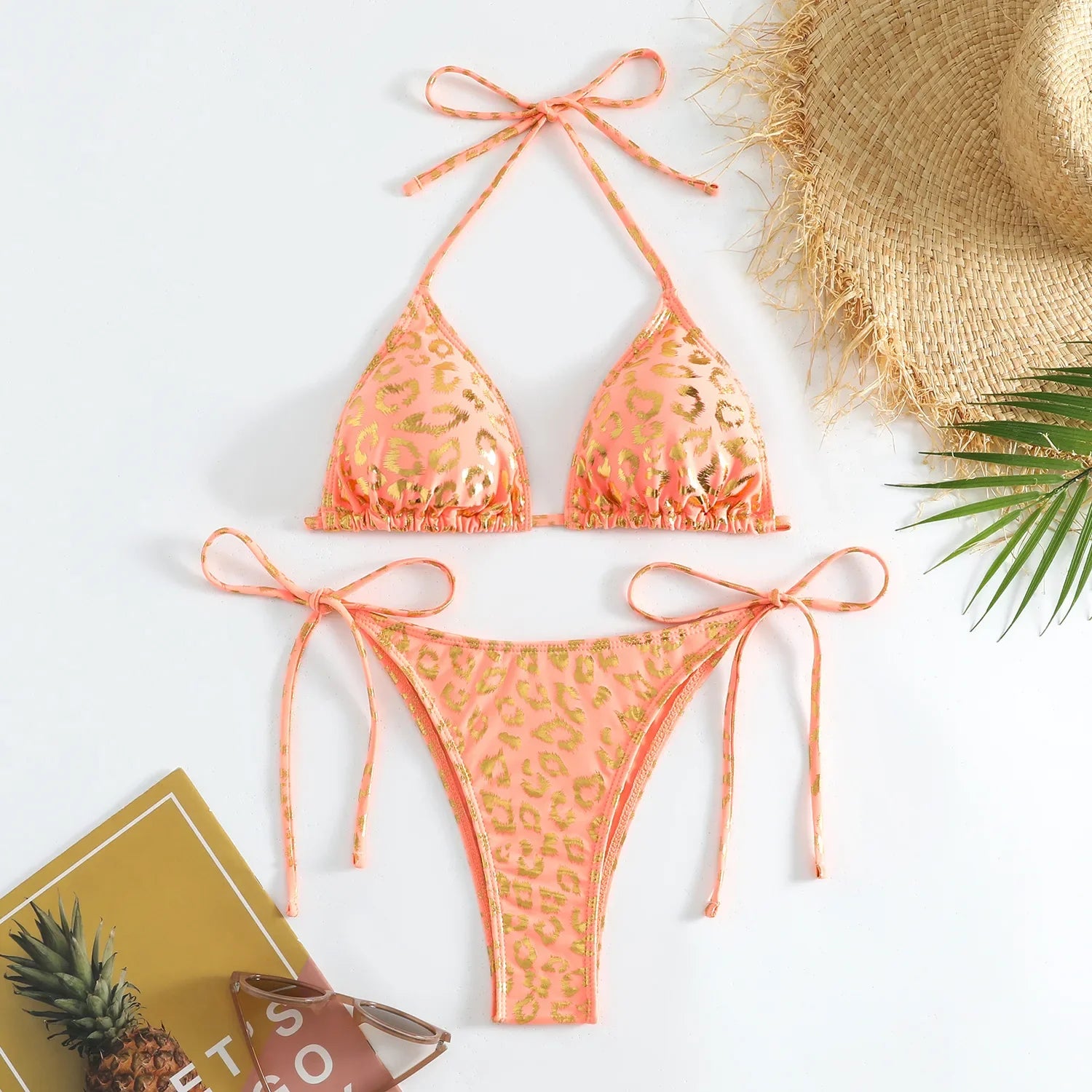 Sexy Orange Leopard Print Bikini Set 2024 Women Halter Push Up Bra Tie Side Thong Swimsuit Summer Backless Bathing Suit Swimwear