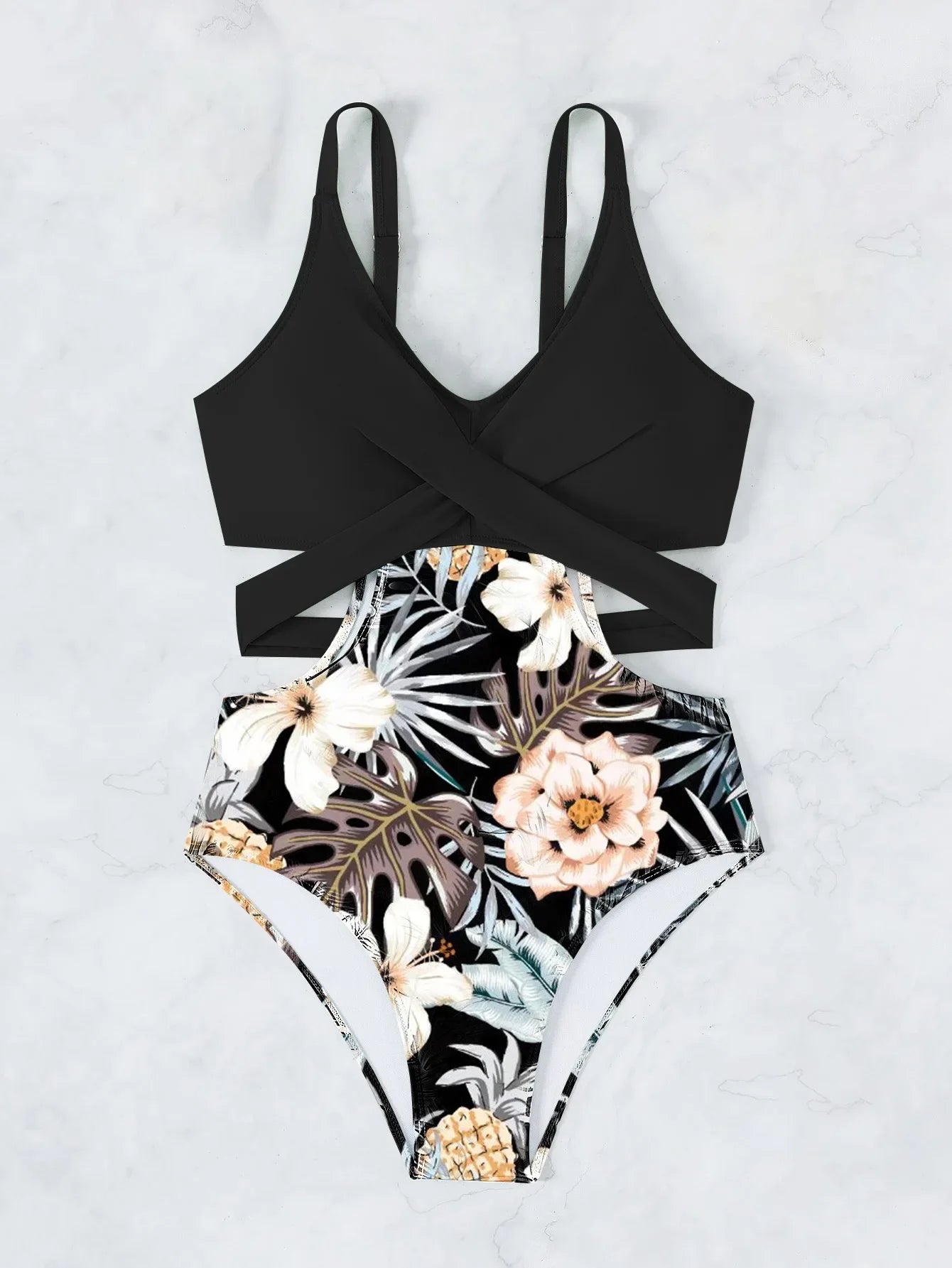 One Piece Swimsuit Women Vintage Green Floral Print Hollow Out Backless High Waist Bikini 2025 Bathing Suit Bandage Swimwear
