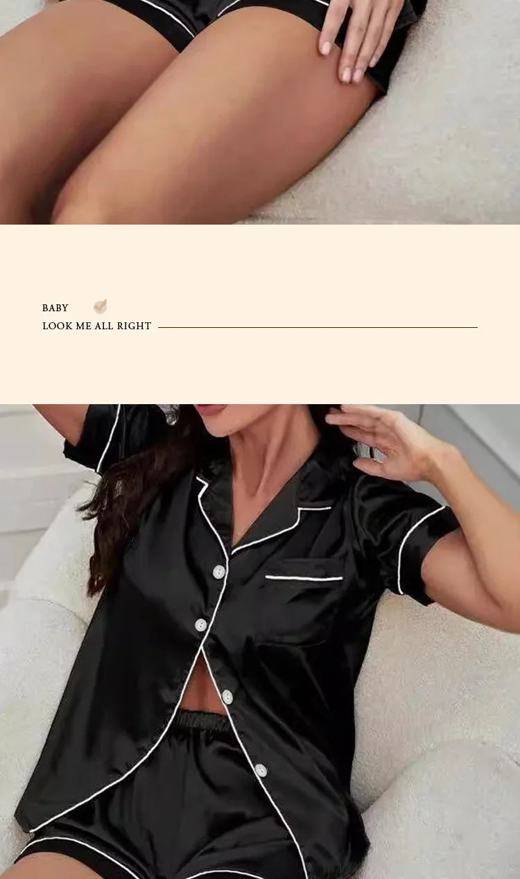 Sweet Simple Ice Silk Pajamas for Women  Thin Short-sleeved Home Clothes Suit Nightwear Women's Pajamas Set Nightie Summer