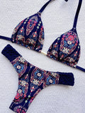 Sexy Vintage Print Bikini Set 2025 Women Orange Cut Out Weave Thong Swimsuit Bather Bathing Suit Two Piece Swimwear Biquini