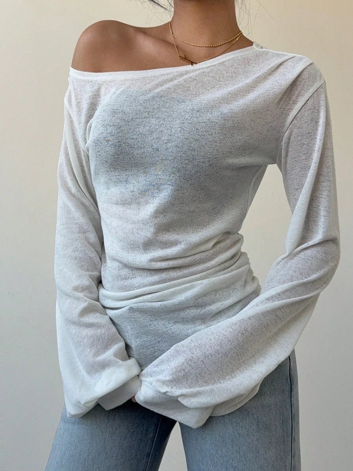 Women's Casual Solid Color Slope Collar Long Sleeved T-Shirt Loose Slouchy Style See-Through Off The Shoulder Top