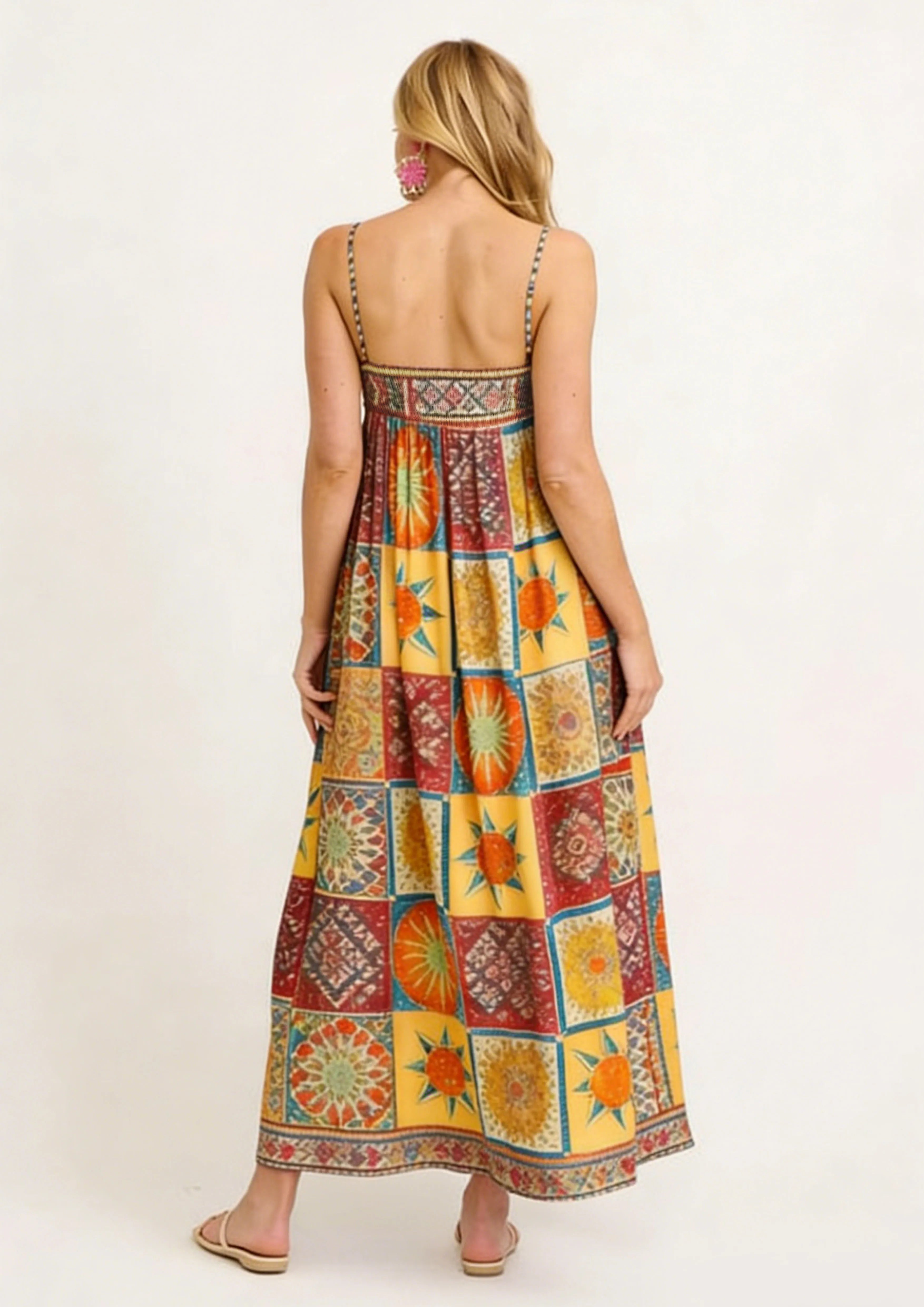 Women Floral Geometric Neck Long Party Dress Fashion Sleeveless Spaghetti Strap Dress Fashion Vacation Cocktail Flowy Sun Dress