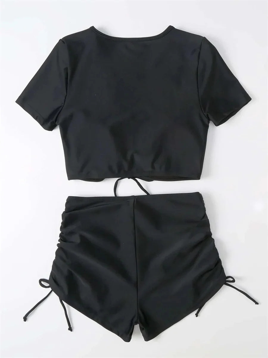 Sexy Drawstring Bikini Set 2026 Women Green Black Short Sleeve Two Piece Swimsuit Summer Bathing Suit Pleate High Waist Swimwear