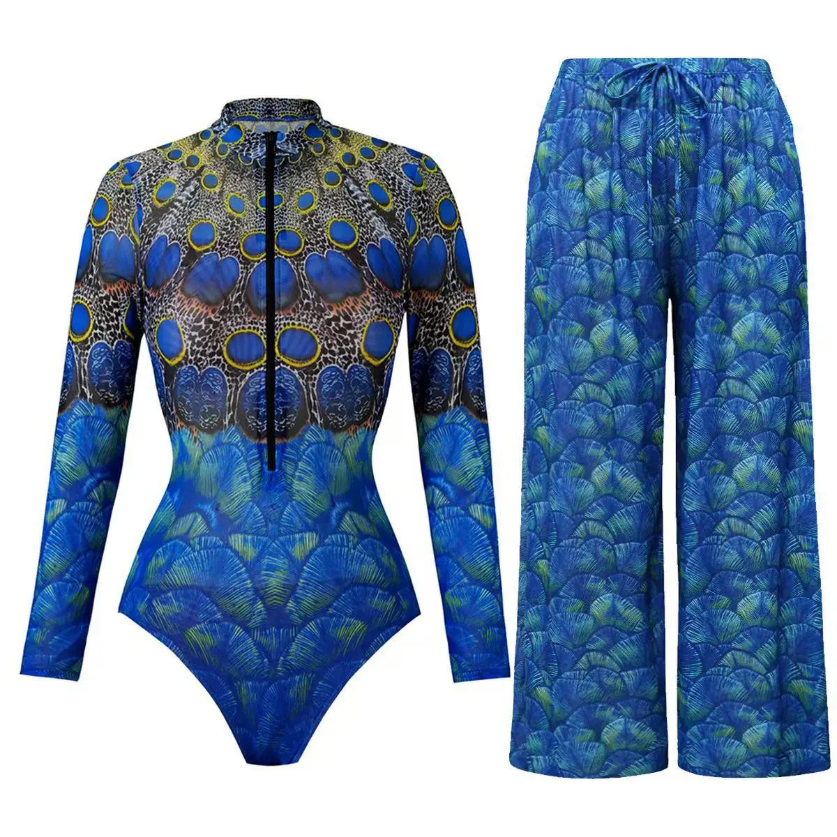 Vintage Sunscreen One Piece Swimsuit Skirt Set Women Peacock Print Long Sleeve Zipper Swimwear Beach Bathing Suit Monokini 2025