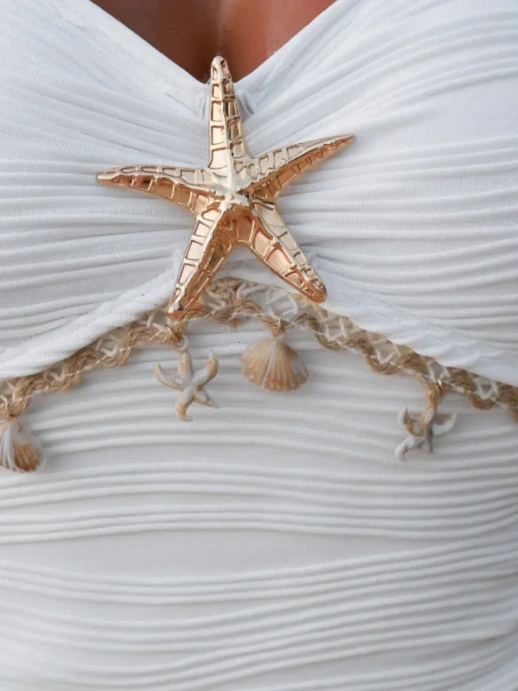 Vintage White One Piece Swimsuit 2026 Women Shell Starfish Ornament Pleate Tummy Control Swimwear Beach Holiday Bathing Suit