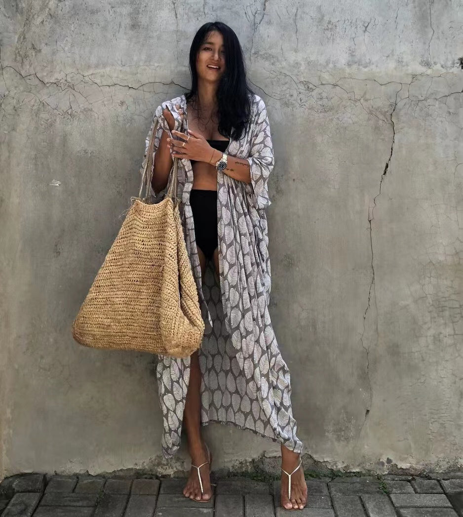2024 New Summer Sexy Beach Kimono Swimwear Cotton Cover Up Swimsuit Women Print Bikini Cover Up Beachwear Dress Robe