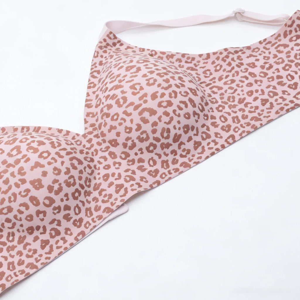 Women's Seamless Pink Leopard Print Bra Wire-Free Bra Full Cup Soft Thin Mold Support Breathable and Beauty Deep V Plus Up Bra
