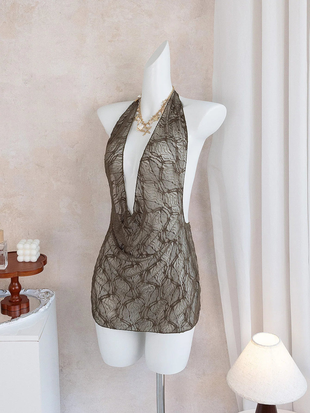 Women's Casual  Beach Cover Ups Brown Deep V Neck Pleate Lace Short Dress Spring & Fall Vacation Sun Protection Smock