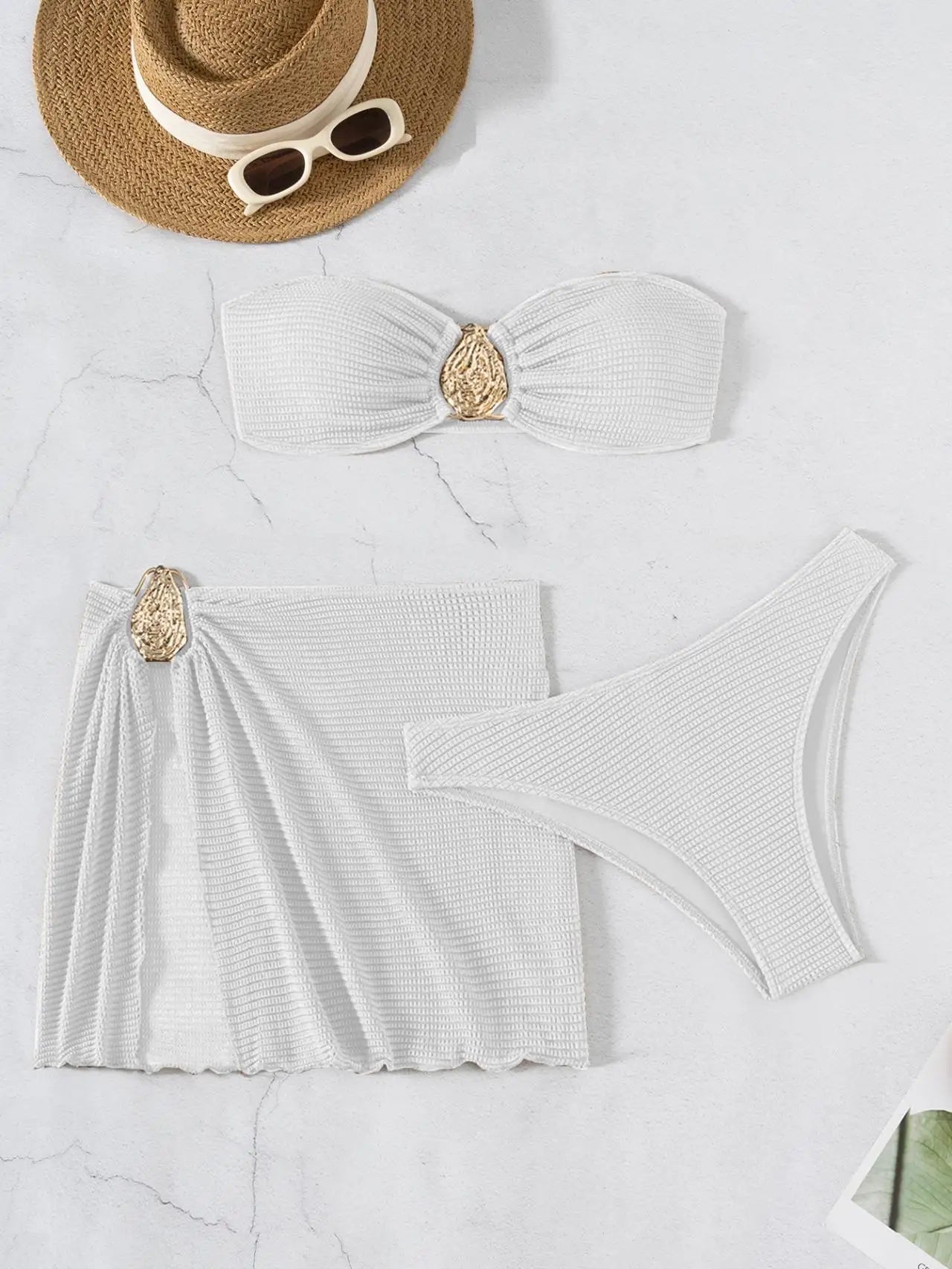 2026 New Sexy Bandeau Bikini Women Metal Water Droplet Ornament Push Up Mesh Skirt 3 Piece Swimsuit Beach Bathing Suit Swimwear