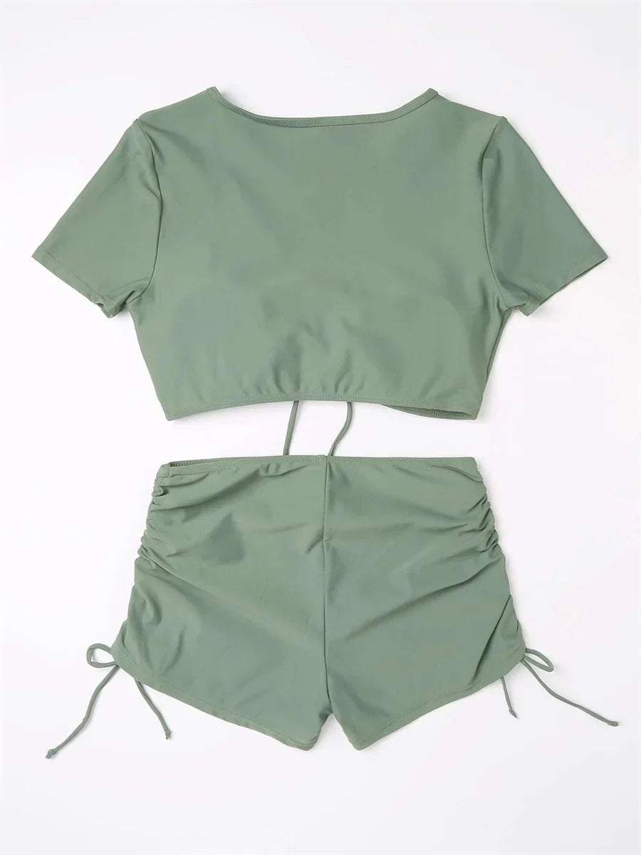 Sexy Drawstring Bikini Set 2026 Women Green Black Short Sleeve Two Piece Swimsuit Summer Bathing Suit Pleate High Waist Swimwear