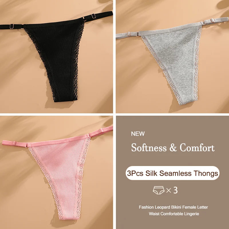 3Pcs/Set Cotton G-String Sexy Women Thong Adjustable Belt Seamless Panties Breathable Low Waist Lingerie Female Soft Solid Color